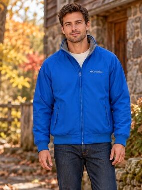 Columbia Mens Medium Royal Blue Fleece Lined Bomber Jacket Full Zip Outdoor